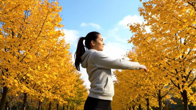 Young woman stretching outdoors in a park with vibrant autumn foliage, enjoying a refreshing morning exercise session