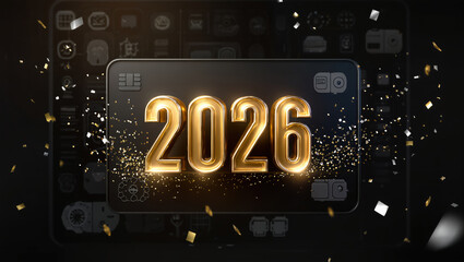 Golden 2026 digital celebration with confetti and icons