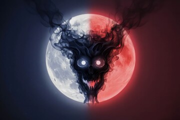 A dark, demonic figure composed of smoke and fire, illuminated by a blue light, appears above a full moon, divided into contrasting red and white halves.