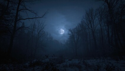 Fototapeta premium Eerie snow-covered forest shrouded in mist at twilight. Haunting atmosphere with shadowy tree outlines.