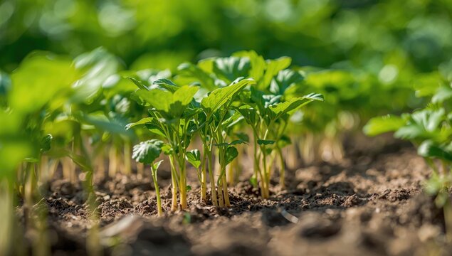 Close-up view of parsnip seedlings in a vegetable garden, optimal growth conditions