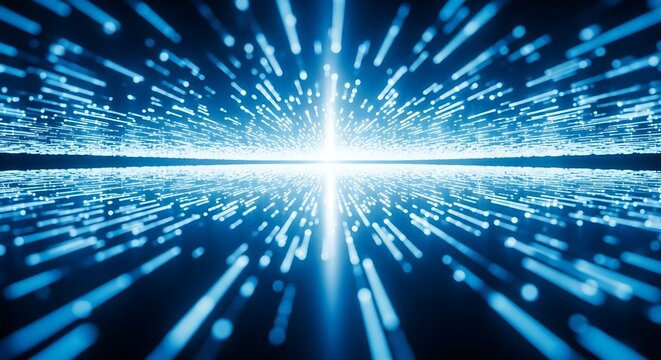 Abstract blue light streaks converging in a tunnel of digital data streams