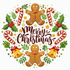 Fototapeta premium Whimsical cartoon 'Merry Christmas' vector art featuring gingerbread men, candy canes, bells, and festive foliage