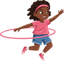 Happy cartoon girl playing with pink hula hoop, joyful child exercising outdoors in casual outfit, kids fitness and fun activity illustration
