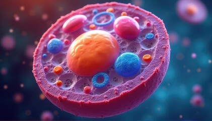 Naklejka premium Colorful 3D illustration of a cross-sectioned cell showing a large nucleus and various organelles, vesicles, and cytoplasmic structures in vivid microscopic detail.