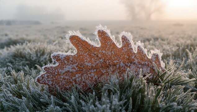 Frosted oak leaf coated with early winter ice crystals