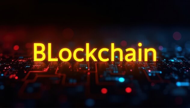 Glowing "Blockchain" text hovering above a circuit-board style background with red and blue lights, evoking crypto networks and digital ledgers.
