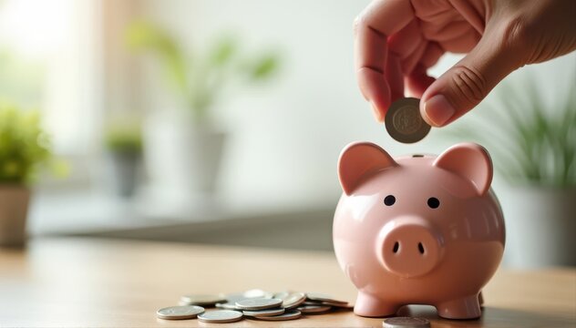 Hand placing a coin into a pink piggy bank on a table, loose coins nearby and blurred houseplants in the background.