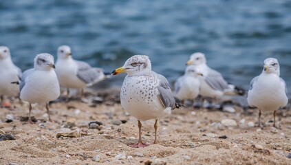 Fototapeta premium Seagulls displaying social behavior, observed in a coastal setting, teamwork