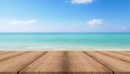 Wooden table on the beach, blurred ocean backdrop for advertising