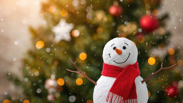 Humorous snowman amidst bokeh lights and Christmas tree branches, seasonal cheer