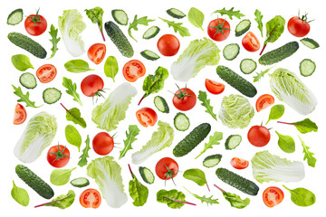 Fresh vegetables background of fly green chinese cabbage, tomato, cucumber, leafy greens, pattern, texture, isolated. Perfect for healthy  organic food advertising, detox menu, fitness diet, design.