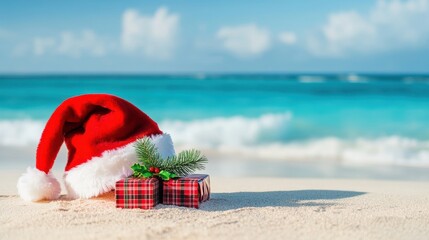 Santa hat and gifts on a tropical beach with turquoise ocean and blue sky, celebrating christmas in summer
