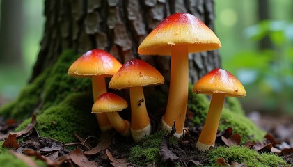 Fototapeta premium Cluster of orange-red mushrooms on a mossy forest floor at the base of a tree trunk, with fallen leaves and a soft, blurred woodland background.