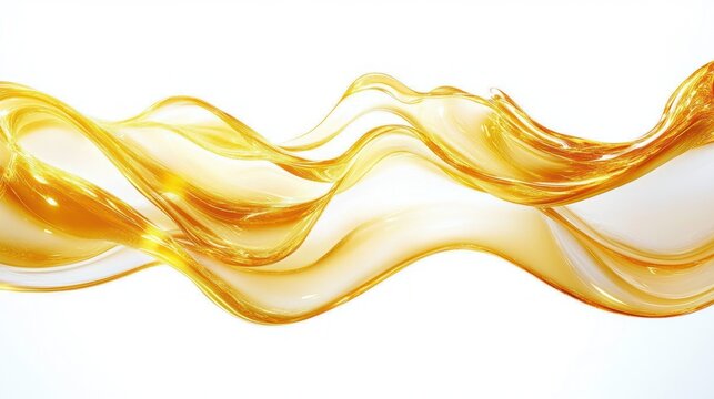 Abstract flowing golden liquid wave with smooth translucent curves on white background conveying fluidity and motion