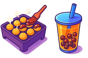 Japanese street food Takoyaki cooking on a purple grill next to a refreshing Boba bubble tea drink