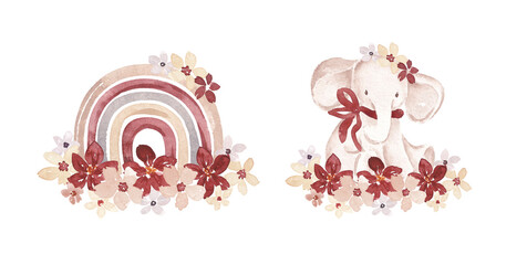 Baby shower, birthday card design. Cute elephant, rainbow, floral border hand drawn with watercolor. Illustrations set for Hello baby, new born, birthday card, banner, invitation