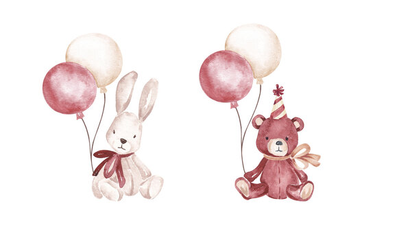 Cute animals set. Plush bunny, taddy bear with balloons hand drawn with watercolor. Illustration for  birthday card, banner, invitation