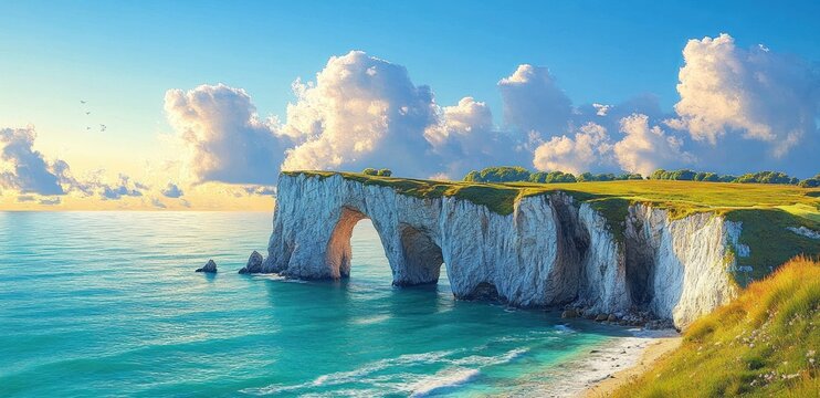Sunlit coastal cliffs with natural sea arches above turquoise waters under a bright blue sky with fluffy clouds and a small sandy beach