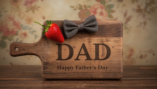 Father's Day themed image featuring DAD lettering alongside strawberries and a bow tie on a rustic wooden board, celebration of paternal bonds