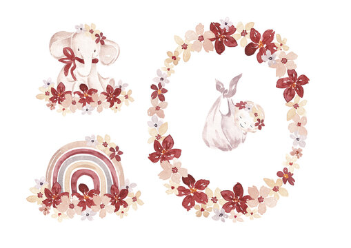 Baby shower, birthday card design. Cute elephant, rainbow, floral border hand drawn with watercolor. Illustrations set for Hello baby, new born, birthday card, banner, invitation - Powered by Adobe