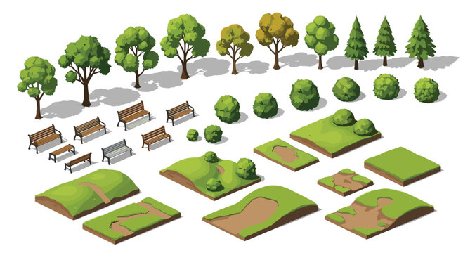 Build serene park scenes with isometric trees, benches, and lush green landscapes for your next design project
