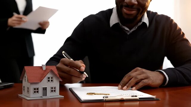 man signing contract at desk with pen and document. signature beside house model on desk. agreement and paperwork arranged for mortgage process. organized workspace with paperwork and instrument.