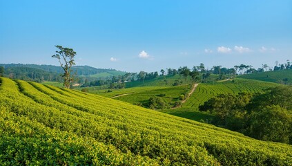 Fototapeta premium Green tea plantations, showcasing seasonal change