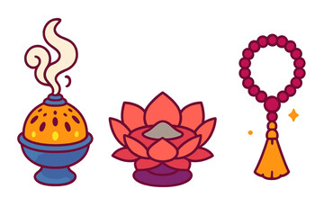 Set of spiritual objects including incense burner, lotus flower, and traditional mala prayer beads