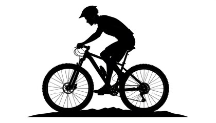 Fototapeta premium Silhouette image of a person riding a mountain bike on a terrain, wearing a helmet. The person appears focused, knees bent. Black outline against white background