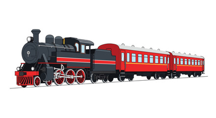 Vintage steam locomotive pulling vibrant red passenger cars on tracks, evoking nostalgia and journey