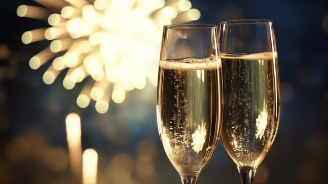 Two champagne glasses with fireworks, New Year loop animation
