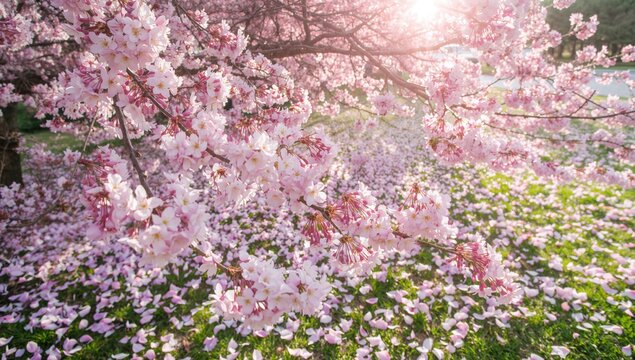 Fallen pink petals from a blooming cherry tree dance in the breeze under bright sunlight, Springtime Flowers bloom - Powered by Adobe