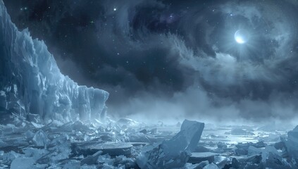 Fototapeta premium Nighttime fantasy scene with frozen, cracked ice under a star-filled sky. Moonlight shining on icy surface with misty atmosphere illustration