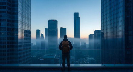 Cityscape view from rooftop with man and backpack looking at skyline and fog in urban architecture travel