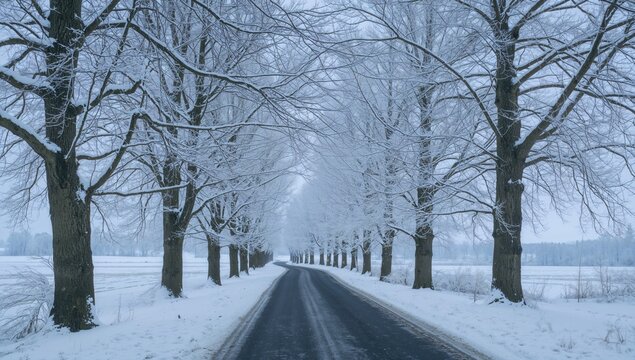 Snow-covered countryside lane at a historic estate. Composite of two images forming a vertical panorama.