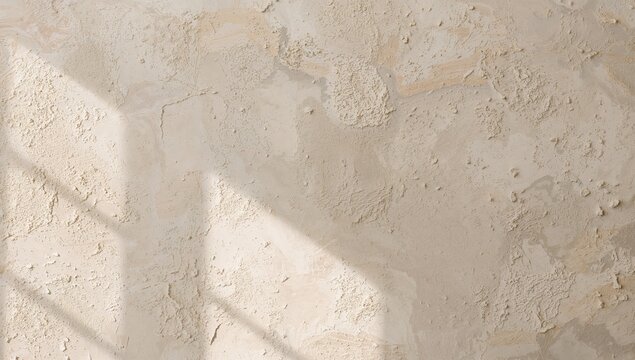 Beige coarse plaster exterior surface with sand elements, abstract pattern and light space background