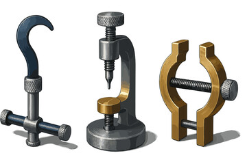 Precision watchmaking tools set including case back opener, hand setting press, and movement holder clamp
