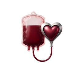Blood Bag Connected to Metallic Heart Icon, Blood Donation and Heart Health Concept, Medical Transfusion for Life Symbol, Organ Donation Awareness Graphic, Lifeline and Charity Illustration.