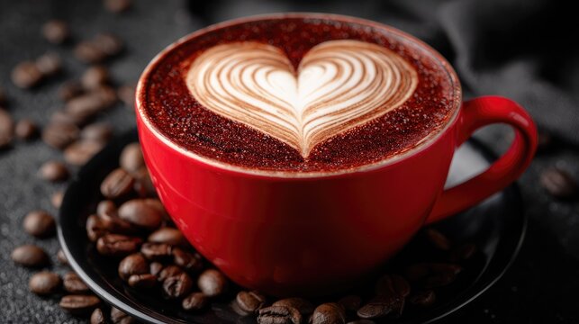 A red cup of coffee with heart-shaped latte art sits among coffee beans. - Powered by Adobe