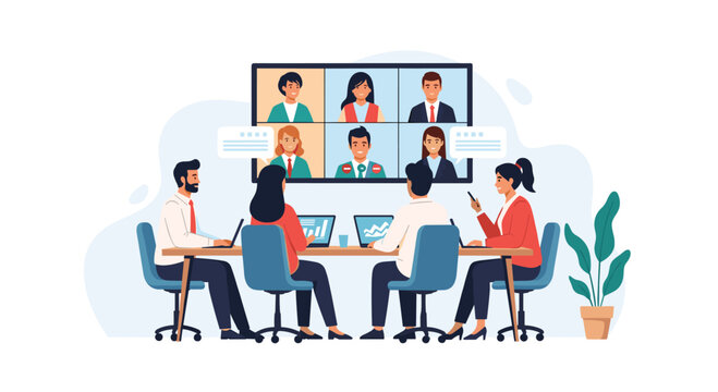Diverse team collaborates on video conference call presenting business strategy in modern office setting