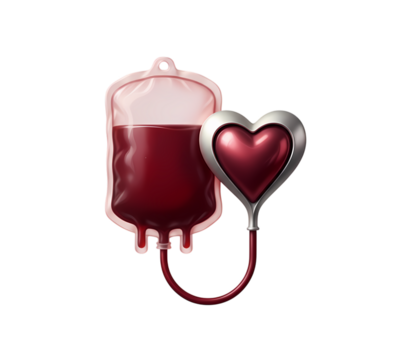 Blood Bag Connected to Metallic Heart Icon, Blood Donation and Heart Health Concept, Medical Transfusion for Life Symbol, Organ Donation Awareness Graphic, Lifeline and Charity Illustration.