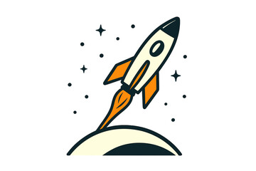 Classic space rocket taking off from a celestial body into the starry cosmos