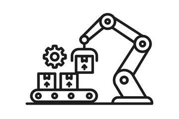 Robotic manipulator arm placing a package onto an automated factory conveyor belt
