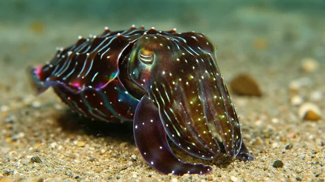 Close-up of a cuttlefish displaying intricate patterns and textures on the ocean floor.
