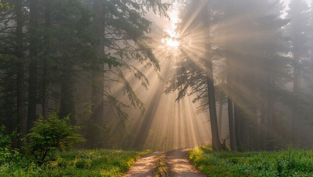 Morning fog illuminated by sunlight filtering through fir and cedar trees along a rural dirt path.