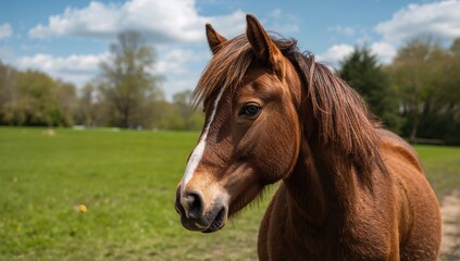 Obraz premium A pony gazes to the side in a lush park setting, highlighting the beauty of nature and promoting tourism