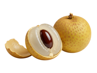 Fresh ripe longan fruit whole and halved with seed