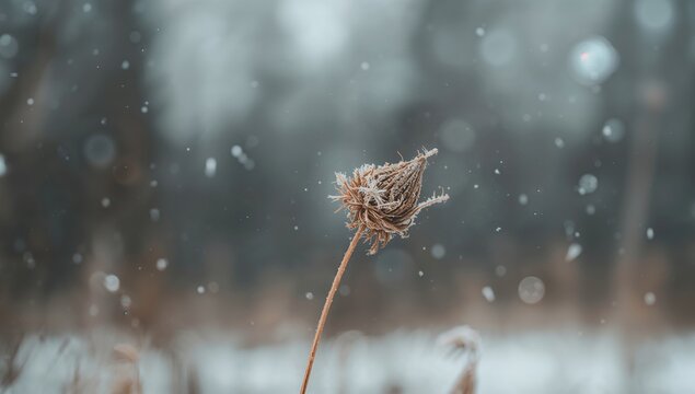 Close-up of a withered plant during the cold season with an out-of-focus backdrop