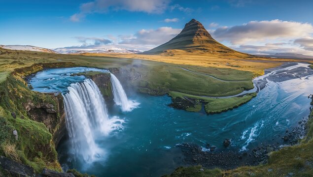 Aerial view of Seljalandsfoss waterfall, showcasing seasonal change - Powered by Adobe